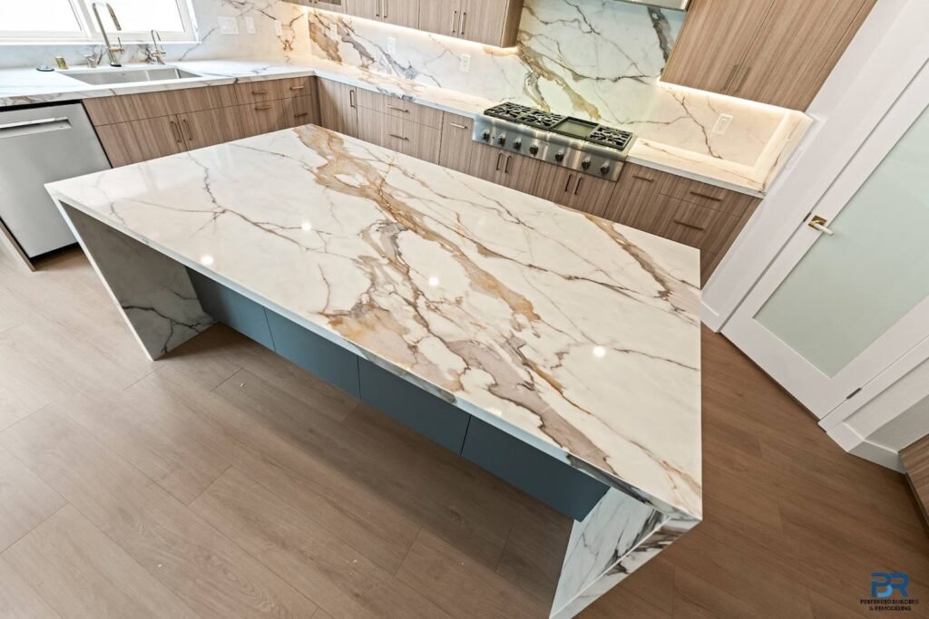 Kitchen remodeling ideas: marble waterfall island in a remodeled San Jose kitchen